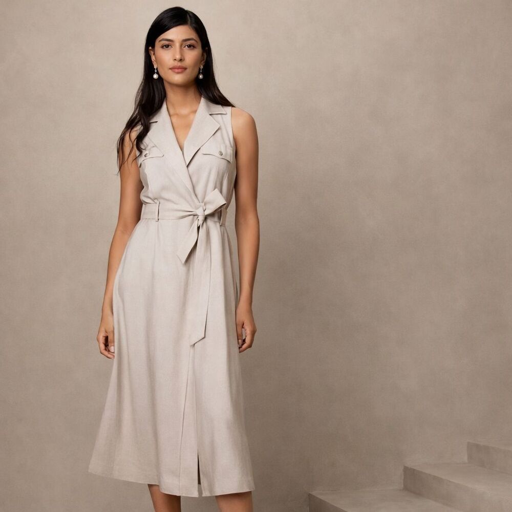Banana Republic Twill Maxi Wrap Safari Dress Womens Sz 4 Khaki Belted Sleeveless